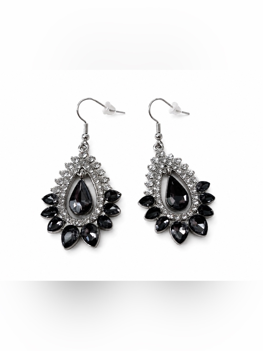 Black Crystal Rhinestone Teardrop Statement Dangle Earrings Glam Formal